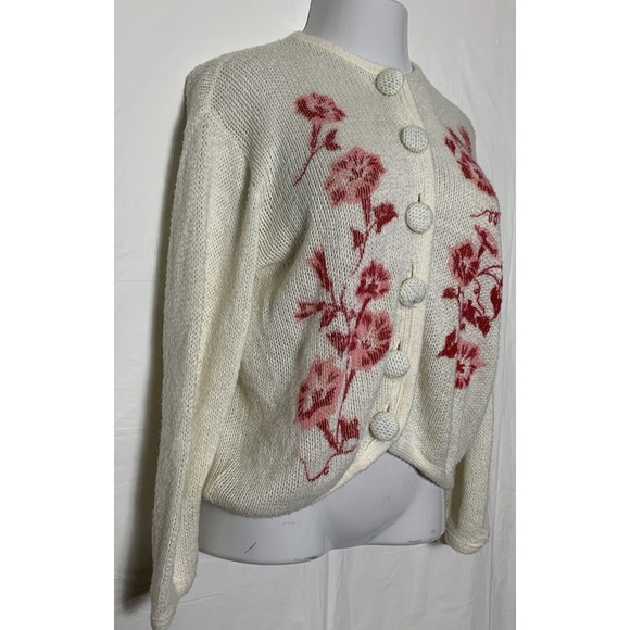 VTG 50s Carol Brent Cardigan Sweater Hand Painted Floral Granny Cottage Core L - Picture 4 of 16